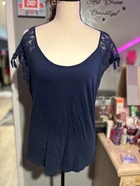 American Eagle Outfitters Navy Scoop Neck Lace Sleeve Top